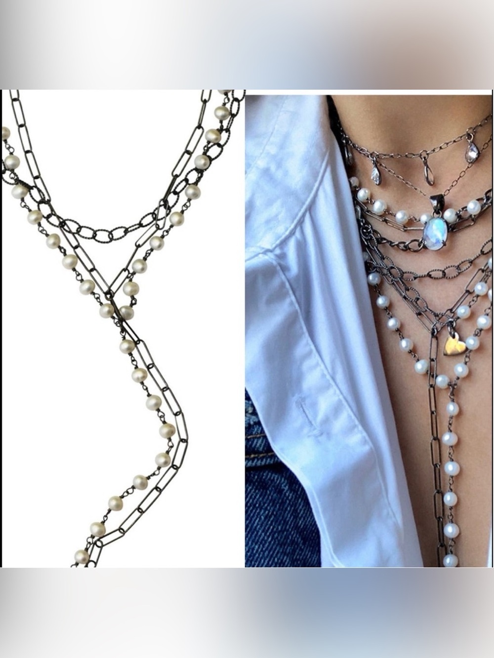 🆕 Adornia 💖Messy Layered Y Necklace (Black Rhodium Plated, Imitation Pea…